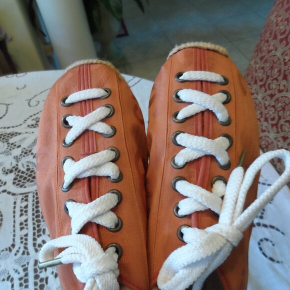 New Chanel Orange Signature Logo Canvas Lace Up Espadrilles Size 37B - Picture 12 of 16